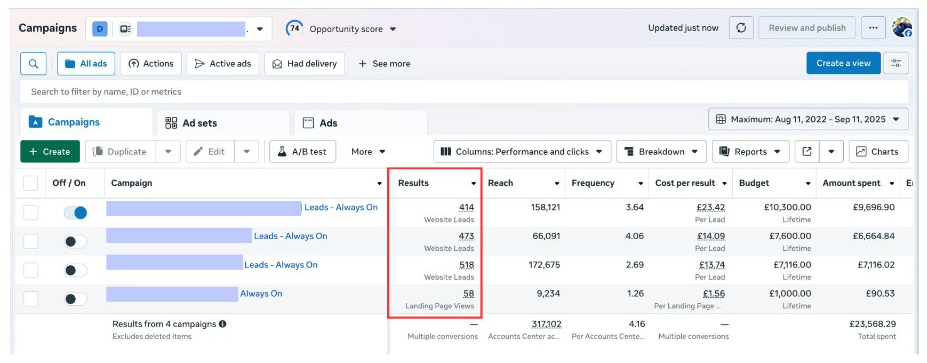 Meta Ads campaign results screenshot