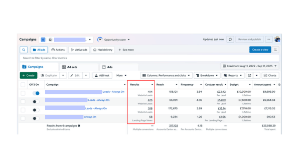 Meta Ads results — website leads